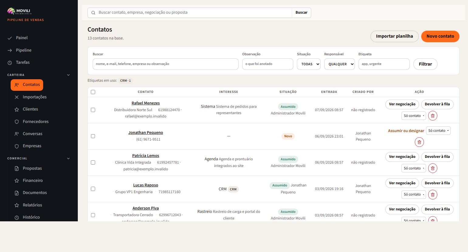 Tela de contatos do CRM Movili com filtros, etiquetas e a lista de pessoas com situação, data de entrada, responsável e as ações de assumir ou devolver à fila.